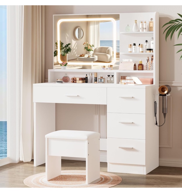 Photo 1 of Vanity Desk with Smart LED Mirror & Charging Station, 35.4" White Vanity Table Set with Cushioned Stool, 4 Drawers & Hairdryer Rack, Modern Bedroom Dressing Table-White
