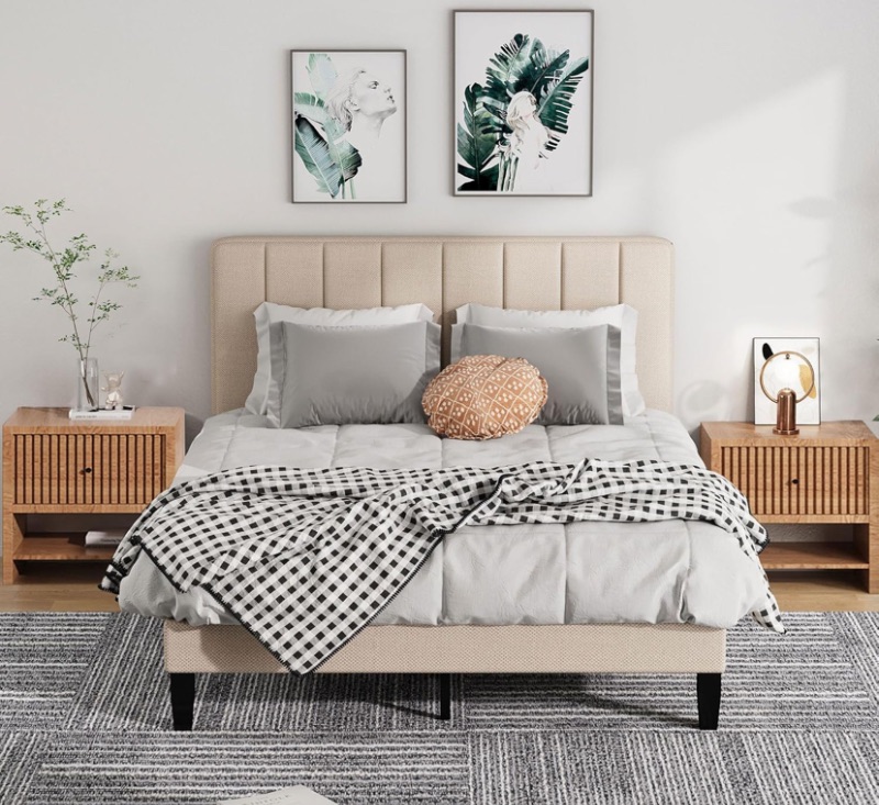 Photo 1 of  Bed Frame with Fabric Upholstered Platform Bed and Wooden Slats Support, Adjustable Height Headboard/No Box Spring Needed/Easy Assembly/Mattress Foundation