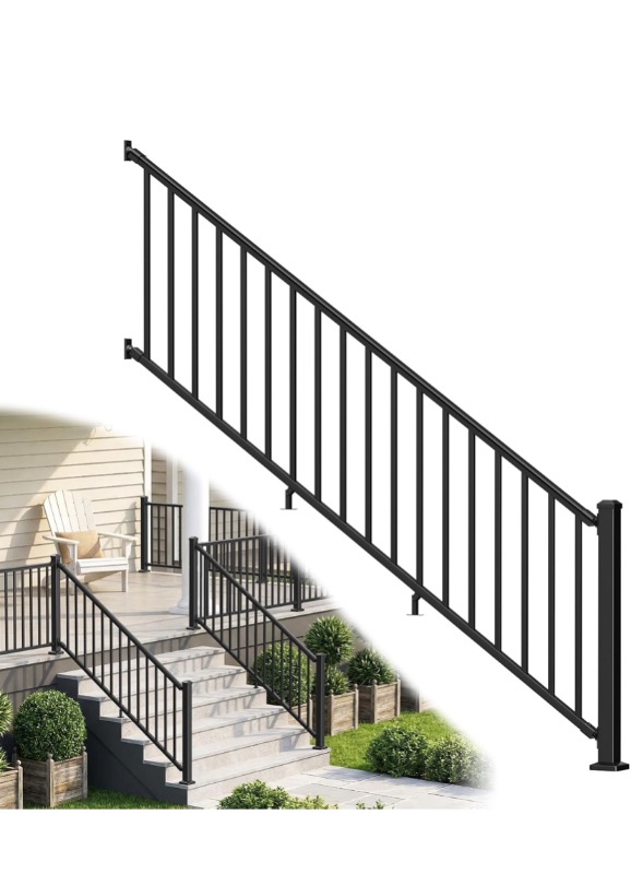 Photo 1 of BLIKA 36 in H. x 8 ft W. Aluminum Stair Railing Kit with Post, Matte Black Stair Rail Kit Outdoor, Aluminum Stair Railing and Baluster Kit for Decks, Balconies, Porches & Fencing(1 Post, 1 Panel)