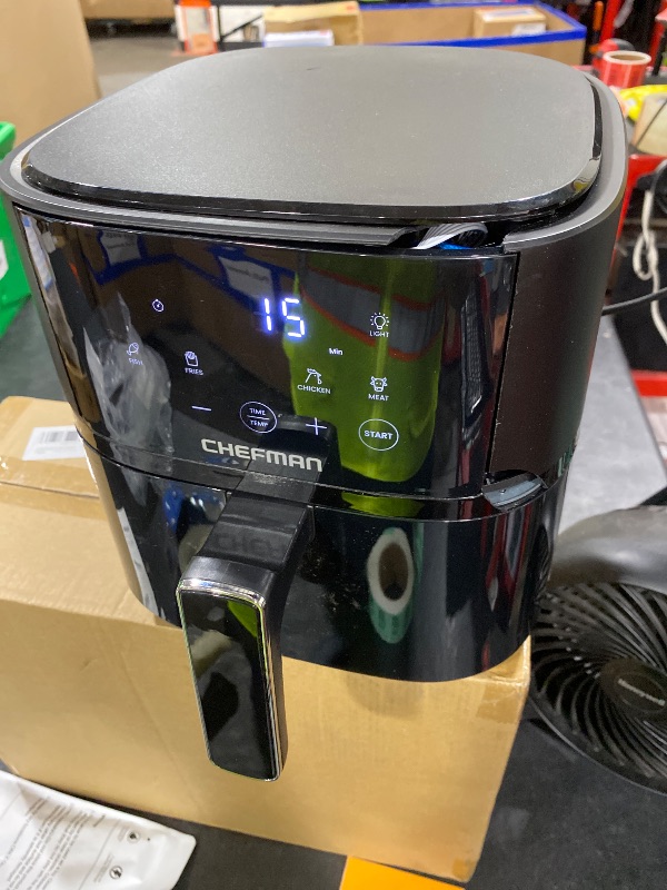 Photo 1 of **SCREEN DAMAGED** Chefman Air Fryer – 4 QT Compact Airfryer for Quick & Easy Meals, Features Hi-Fry Technology for Extra Crisp, Easy-View Window, Touch Controls with 4 Presets, Nonstick & Dishwasher Safe Basket - Black