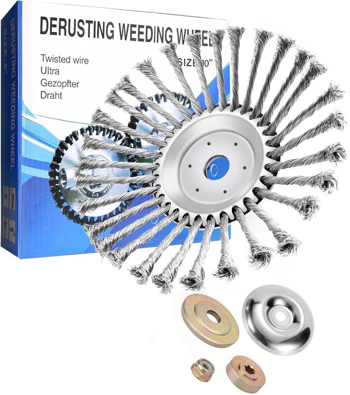 Photo 1 of 10 Inch Unbreakable Steel Wire Brush Cutter Trimmer Head Heavy Duty Weed Eater Wheel for Driveway Cracks Sidewalks Pavement & Large Areas Universal Rotary Brush Wacker Fits Most 1inch Shaft Trimmers
