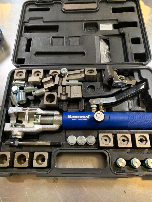 Photo 1 of Mastercool 72485-PRC Universal Hydraulic Flaring Tool – 45° Double & Single Flares, Push Connect, GM Fuel Line, Brake Line & GM Transmission Cooling – Includes Hydraulic Ram & Mini Tube Cutter