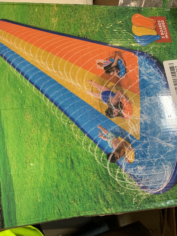 Photo 1 of Sloosh Triple Water Slide with 3 BodyBoards, 22.5FT Lawn Water Slip Splash Pad Slide Summer Toy with Build in Advanced Sprinkler for Kids Adults Backyard Summer Water Fun