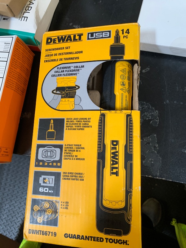 Photo 1 of MISSING PIECES********DEWALT Cordless Screwdriver, 4V USB Rechargeable Electric Screwdriver with 12 pcs Screwdriver Bit Set, LED Light, FLEXDRIVE Control, Compact, Ergonomic (DWHT66719)