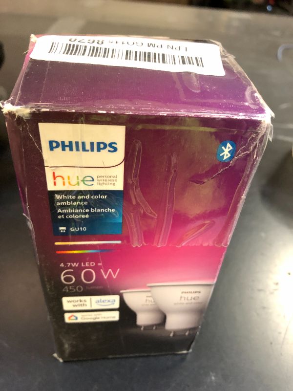 Photo 1 of Philips Hue Smart 60W GU10 LED Bulb - White and Color Ambiance Color-Changing Light - 2 Pack - 450LM - Indoor - Control with Hue App - Works with Alexa, Google Assistant and Apple Homekit, 584680LPNPMGO1158670