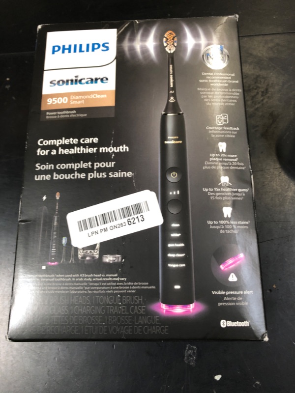 Photo 1 of Philips Sonicare DiamondClean Smart 9500 Electric Toothbrush - Sonic Toothbrush with App, Pressure Sensor, 15 Brushing Settings, Replacement Reminder, USB Charging Travel Case, Black, Model HX9923/11