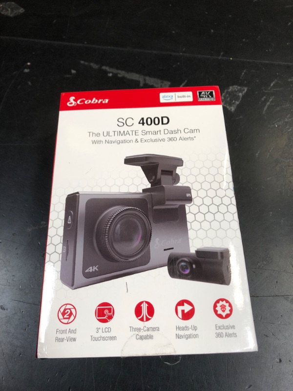 Photo 1 of Cobra Smart Dash Cam + Rear Cam (SC 400D) – UHD 4K Resolution, 3-Camera Capable, Live Police Alerts, Emergency Mayday, Drive Smarter App, 3" Touchscreen, Wi-Fi & GPS, 32GB SD Card Incl