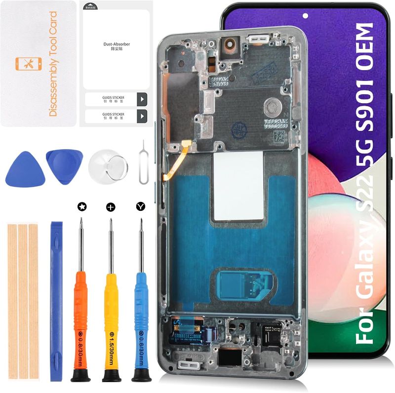 Photo 1 of S22 5G S901 OEM Original LCD Display +Green Frame for Samsung Galaxy S22 5G S901B S901U/U1/W 6.1" LCD Screen Display Replacement Touch Digitizer Assembly Kit