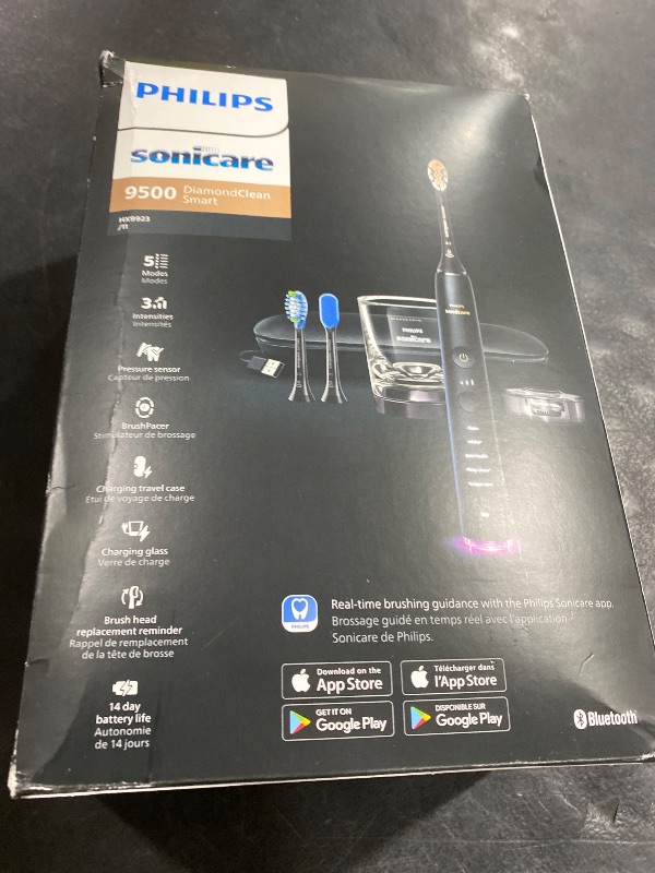 Photo 1 of Philips Sonicare DiamondClean Smart 9500 Electric Toothbrush - Sonic Toothbrush with App, Pressure Sensor, 15 Brushing Settings, Replacement Reminder, USB Charging Travel Case, Black, Model HX9923/11
