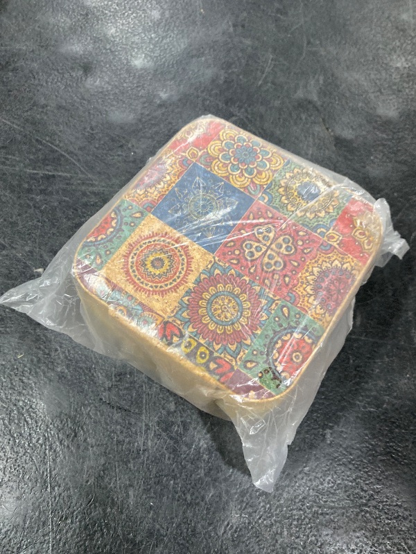 Photo 1 of wofynovel Retro Cork Jewelry Box with Bohemian Patterns for Storing Rings, Necklaces and Earrings During Travel, Soft Velvet Interior, 3.8x3.8x1.8 Inches