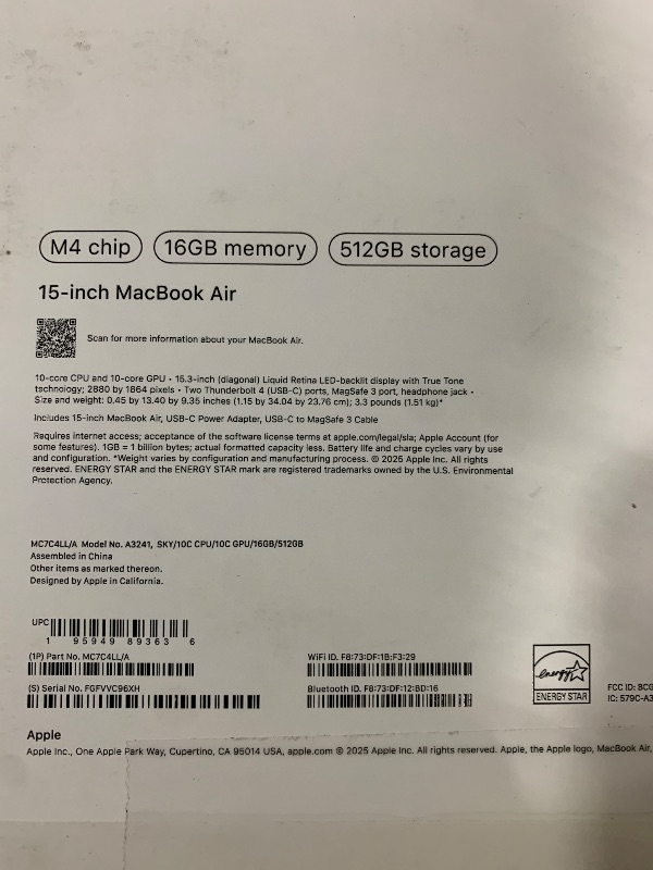 Photo 1 of Apple 2025 MacBook Air 15-inch Laptop with M4 chip: Built for Apple Intelligence, 15.3-inch Liquid Retina Display, 16GB Unified Memory, 512GB SSD Storage, 12MP Center Stage Camera, Touch ID; Sky Blue