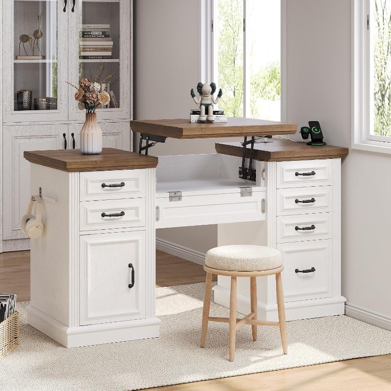 Photo 1 of Jocoevol Farmhouse 57" Lift Up Executive Desk with 5 Drawers and Charging Station, Wood Home Office Computer Desk with File Cabinet Storage, Keyboard Tray,Headphone Hook for Work,Study (White+Brown)