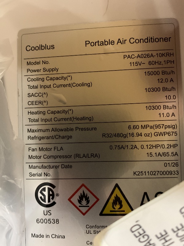 Photo 1 of Coolblus Inverter Air Conditioners 15000BTU, 4 in 1 Portable AC Unit with Heat/Dehumidify, Wi-Fi Smart AC Cool Up to 700 Sq.Ft, Window Kit, Contains Replacement Power Cords, White-15000BTU-WIFI-HEAT