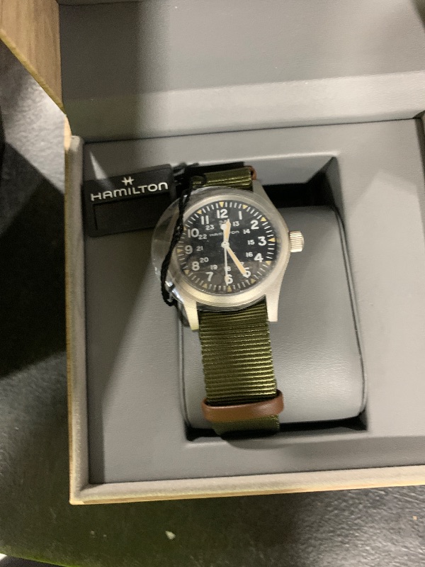 Photo 1 of Hamilton Khaki Field Mechanical Men's Watch, 38mm Stainless Steel Case, Swiss Made, Black Dial Analog Wrist Watch for Men, 50m Waterproof, Sapphire Crystal, Textile Strap