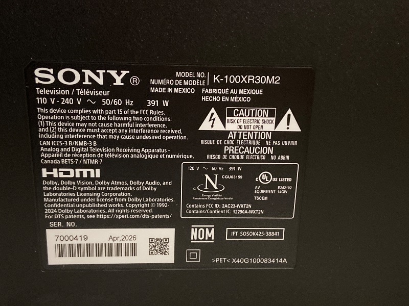 Photo 1 of Sony BRAVIA 3 II 100 Inch 4K HDR LED Smart Google TV with Gemini, XR Processor with AI Technology, Dolby Vision/Atmos, 120Hz Television, Exclusive Features for PS5, K-100XR30M2, 2026 Modelf ( SCREEN BROKEN FOR PARTS)