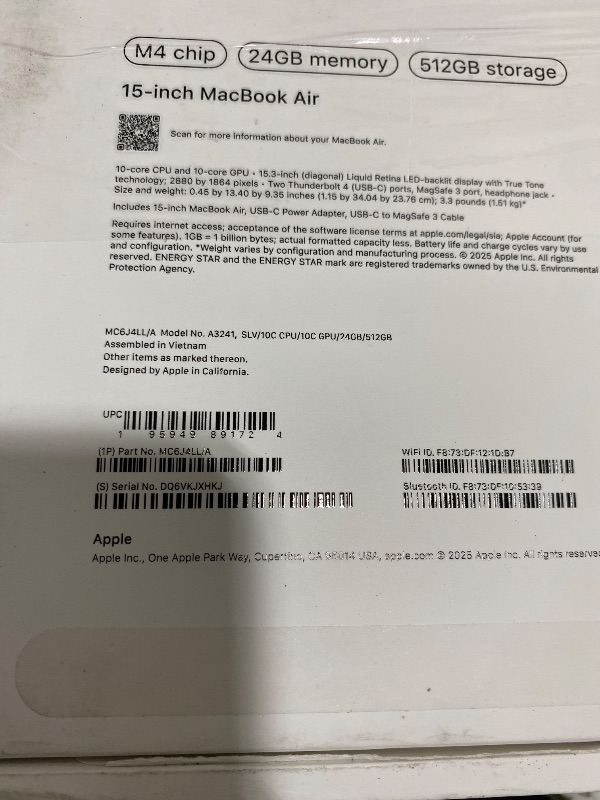 Photo 1 of Apple 2025 MacBook Air 15-inch Laptop with M4 chip: Built for Apple Intelligence, 15.3-inch Liquid Retina Display, 24GB Unified Memory, 512GB SSD Storage, 12MP Center Stage Camera, Touch ID; Silver