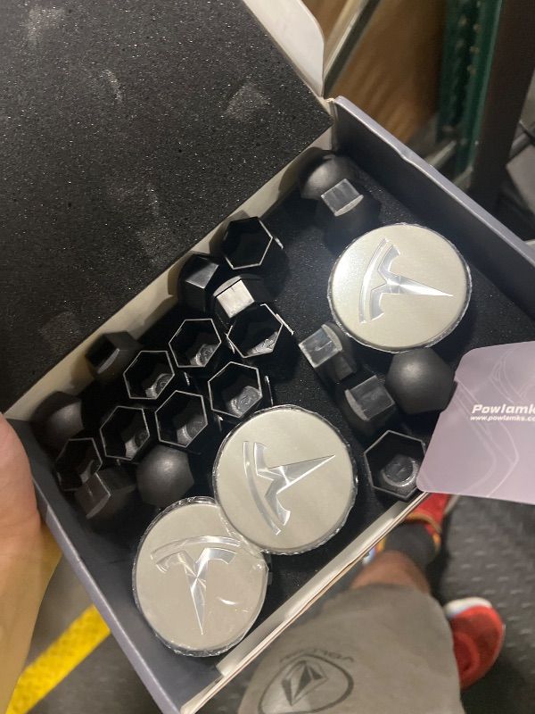Photo 1 of ** MISSING PIECES PLEASE REFER TO PHOTOS*** Powlamks 4 Pack Car Wheel Center Hub Cap Kit with 22 Lug Nut Covers, 2.2 in (56mm) Wheel Rim Covers Center Hubcaps with Emblem for Model 3 / Model Y, Gray & Silver Exterior Decoration for Tesla
