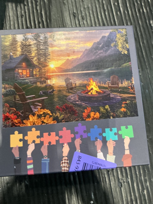 View 2 of 1000 Piece Puzzle for Adults, Jigsaw Puzzles for Adults 1000 Pieces - Lakeside Cabin with Glowing Campfire at Sunset, 27.5x19.7 in