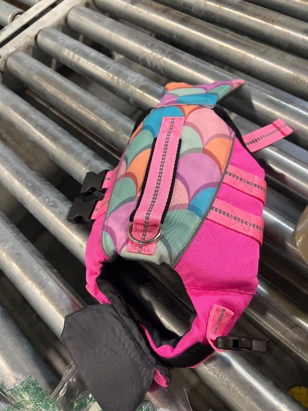Photo 1 of *** SIZE NOT ON ITEM *** ITEM IS SMALL OR XS cyeollo Dog Life Jacket Reflective Mermaid Dog Life Vest for Swimming Boating, High Buoyancy Pet Life Preserver Lightweight Small Medium Large Doggie Lifejackets with Front Float, Pink XS