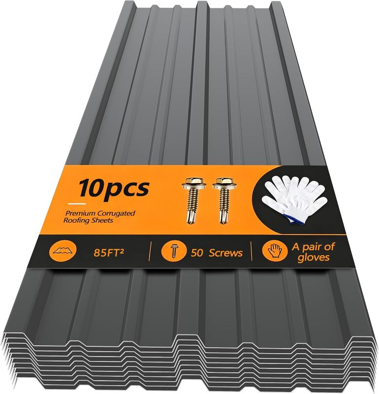 Photo 1 of 10 pcs Metal Roofing Panels - L73.23''x W16.73" Corrugated Galvanized Steel Roof Panels, Metal Siding Panel Suitable for Garages Sheds Stables Patio, Includes Screws(Grey,L73.23''-10)