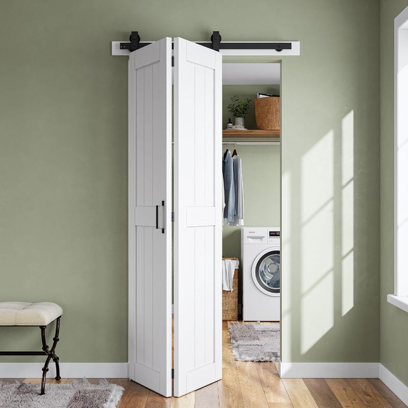 Photo 1 of SMARTSTANDARD Bifold Barn Door 32'' x 84'',Bi-Fold Sliding Closet Doors with Hardware Kit Included,36'' Track Kit for 2 Doors,Waterproof & Quiet,Pre-Drilled Holes Easy Assembly,White
