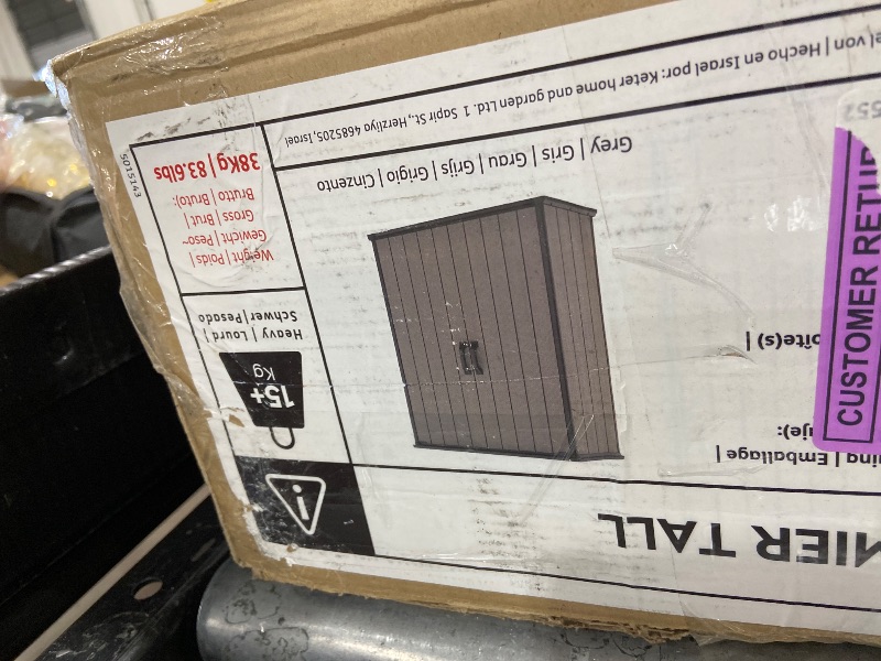 Photo 1 of Keter Premier Tall 4.6x5.6 ft Resin Outdoor Storage Shed, Backyard Garden Shed with Shelving Brackets for Tools, Patio Furniture, Pool & Bike Storage, Grey & Black, 62 cu. ft Capacity