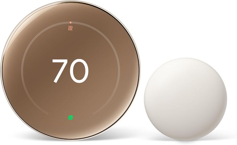 Photo 1 of Google Nest Learning Thermostat (4th Gen, 2024) with Nest Temperature Sensor - Energy Saving Smart Thermostat - Compatible with Alexa, Apple HomeKit and Google Home App - Polished Gold