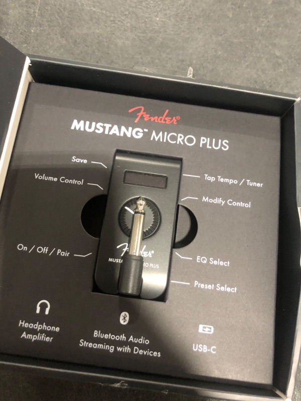 Photo 1 of Fender Mustang Micro Plus Headphone Guitar Amplifier, 25 Amp Models, 25 Effects, 100 Presets, Onboard Tuner, Bluetooth, USB Recording, Tone App, with 2-Year Warranty