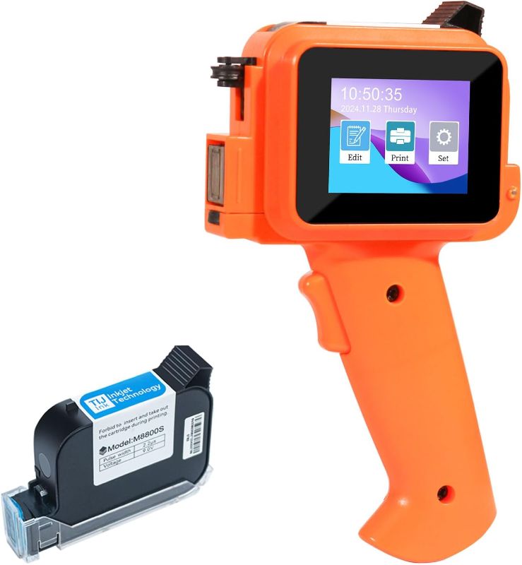 Photo 1 of Handheld Inkjet Printer with 42ml Quick-Drying Ink Cartridge, 0.5 Inch Nozzle Ink Jet Coding Machine for EXP Date/Batch Number/QR Code/Barcode/Logo/Text (ZM-C12mini) (Orange)
