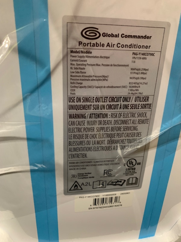 Photo 1 of Global Commander Portable Air Conditioner Unit, 14000 BTU (10K SACC), White (PAG-Y14KCO790C)
