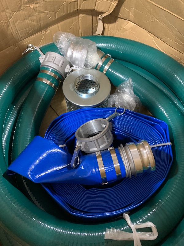 Photo 1 of 3” Discharge Hose Pump Kit for Backwashing and Drainage | 20’ Green Suction + 65’ Blue Discharge PVC Hoses with Carbon Steel Filter | Ready-to-Use Setup Saves Time & Effort