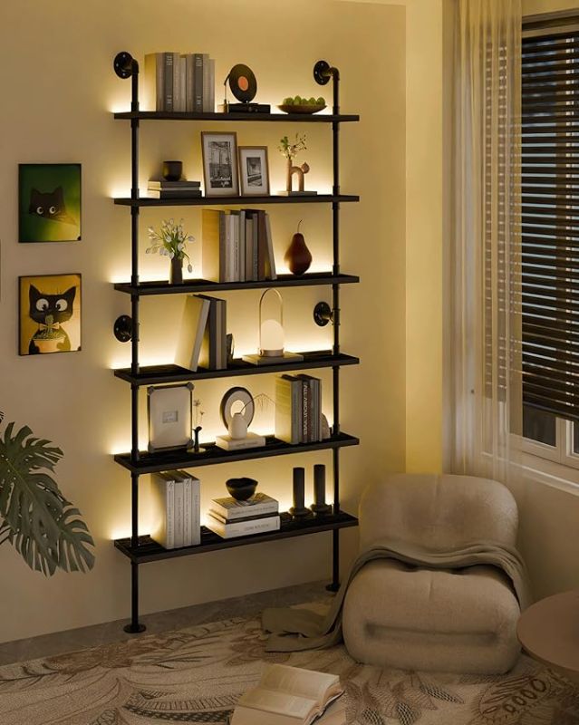 Photo 1 of 6-Tier Ladder Shelf with Warm LED Light Strip, Solid Pine Wood Wall Mounted Bookshelf in Black, 48-Inch Industrial Pipe Bookcase for Living Room, Bedroom, Home Office
