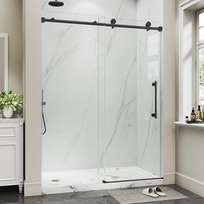 Photo 1 of Frameless Glass Shower Door,61-66" W x 72" H Single Sliding Frameless Shower Door,1/4"(6mm) SGCC Tempered Glass,Safety Explosion-Proof Film Nano Coating,Matte Black Finish