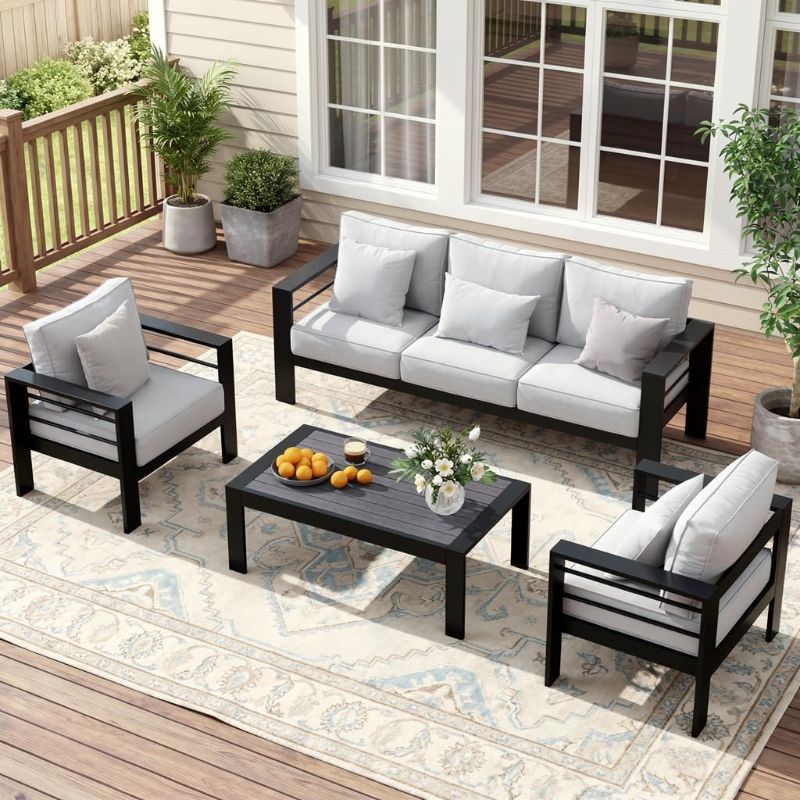 Photo 1 of Solaste Aluminum Patio Furniture Set for All Weather, Oversized Metal Outdoor Furniture Set with 27.5" Deep Seating and 3.2" Wide Armrest, Patio Conversation Set with 5" Cushion, Black and Grey
