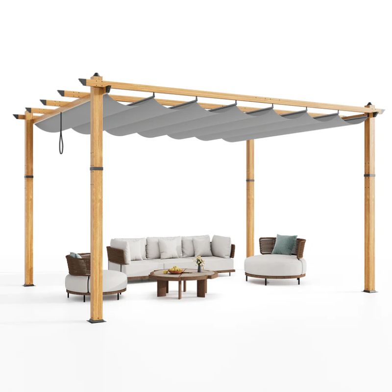 Photo 1 of Garvee 10? X 13? Wood-Grain Aluminum Pergola with Retractable Canopy UV50+ Sun Protection for Backyard Patio Porch Grape Trellis,Grey
