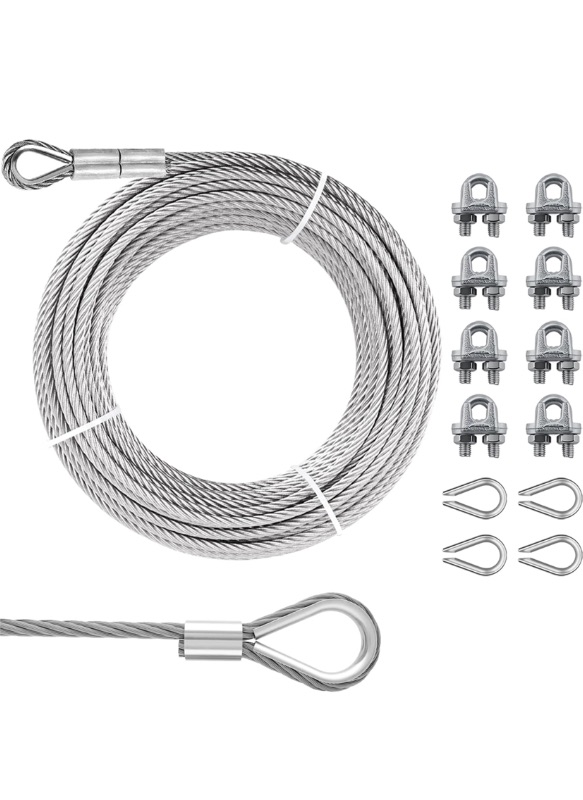 Photo 1 of 1/2" Steel Cable Kit, PIUM 100Ft 7x19 Strand Aircraft Cable with Loops, Heavy Duty Wire Rope 23000lbs Breaking Strength with Clamps and Thimbles for Zipline, Boat Lift, Outdoor Use