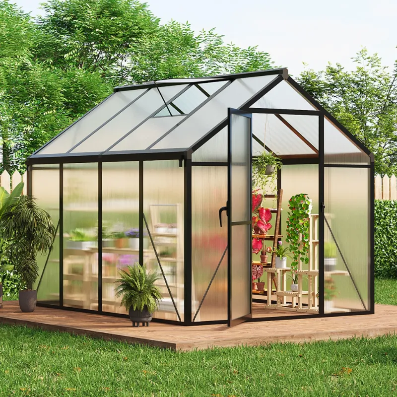 Photo 1 of Garvee 6x8 FT Polycarbonate Greenhouse for Outdoors with Roof Vent & Lockable Push Door, Aluminum Frame, Ground Nails, Rain Gutters, Large Walk-in for Garden Patio Lawn