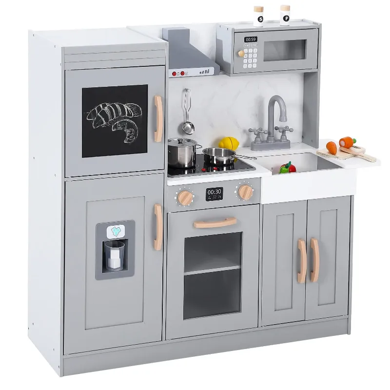 Photo 1 of Garvee Kids Wooden Upright Kitchen Playset with Accessories Pretend Play Kitchen Toys, 39.8" x 11.6" x 5.8", Gray