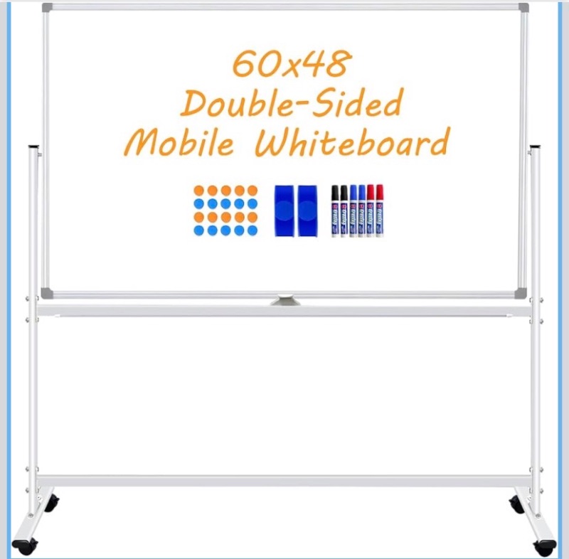 Photo 1 of BSTPCOO Double Sided Rolling Whiteboard 60 x 48 inch, Large Mobile Whiteboard Magnetic Dry Erase Board Easel Standing Board on Wheels for Office, School, Home, 2 Eraser, 6 Markers, 20 Magnets