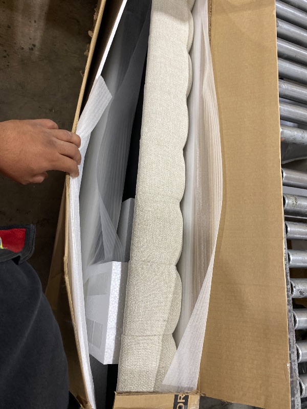 View 3 of Madison Park Amelia Upholstered Headboard | Nail Head Trim Wingback Button Tufted | King, Cream
