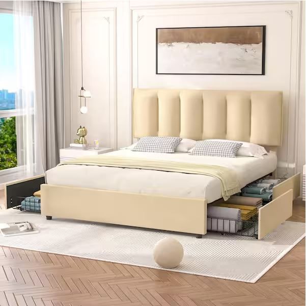 Photo 1 of Upholstered Bed Frame, Full Bed with 4 Storage Drawers and Adjustable Headboard Platform Bed Frame Beige