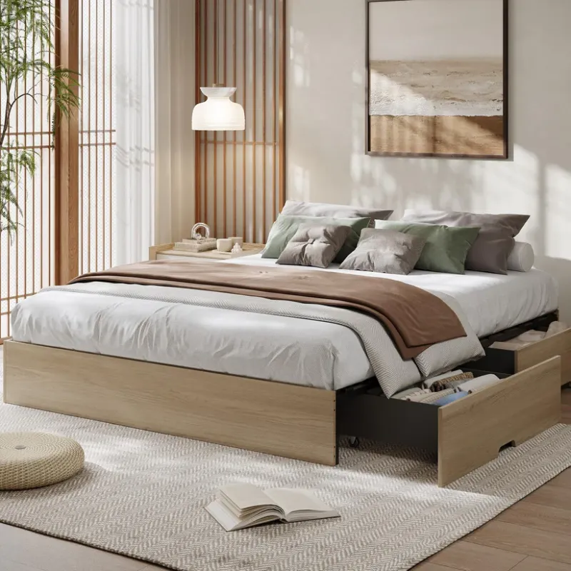 Photo 1 of  Garvee Bed Frame with 2 Storage Drawers, Wooden Low Profile Bed Frame, No Headboard, Wood Slat Support, Noise Free, No Box Spring Needed, Easy Assembly
