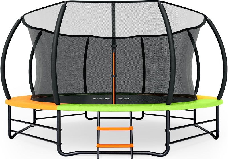 Photo 1 of Yohood Trampoline Outdoor 12FT 14FT, Recreational Trampolines with Enclosure Net and Ladder, ASTM Approved for Kids and Adults, with Additional 8 Stabilizer Bars and Anti-Rust Coated Galvanized Frame