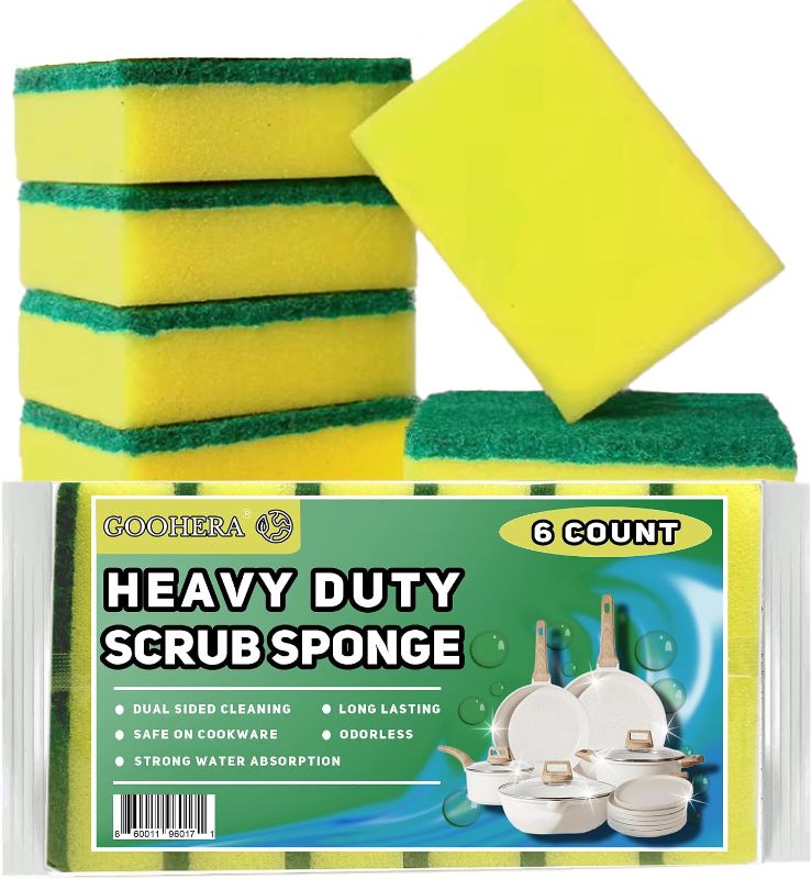 Photo 1 of Heavy Duty Scrub Sponge for Cookware, Dual-Sided Cleaning Pot Scrubber, Odorless, Long-Lasting, Kitchen and Dishwashing Essential, Large & Thick 4 x 2.8 x 1.5 Inches, 6 Pack