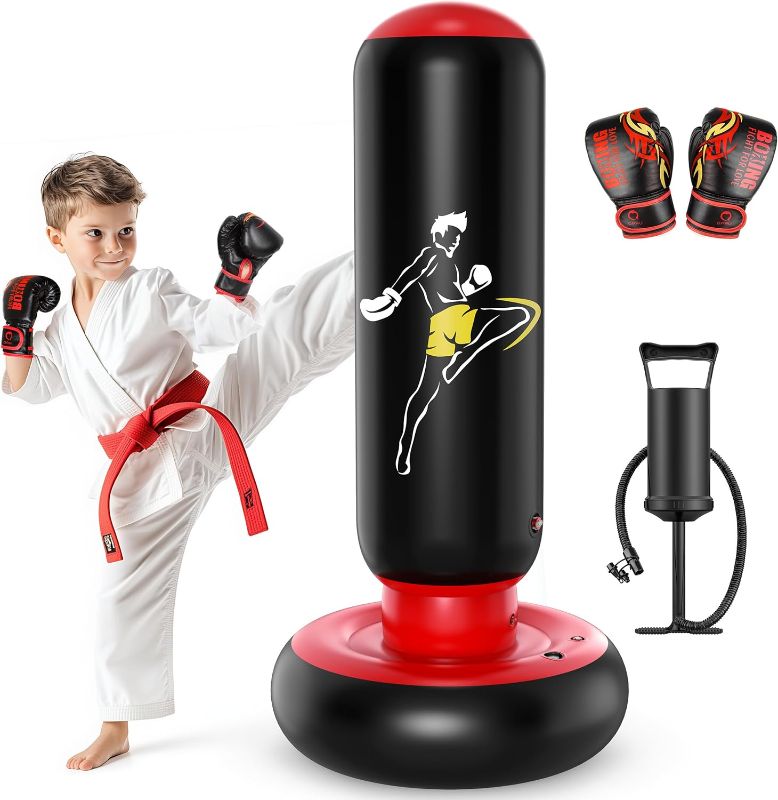 Photo 1 of QPAU Kids Punching Bag Toy with Boxing Gloves, 66 Inch Larger Stable Kids Inflatable Boxing Bag Set, Gifts for Boys & Girls Age 6-12, for Practicing Karate, Taekwondo, MMA