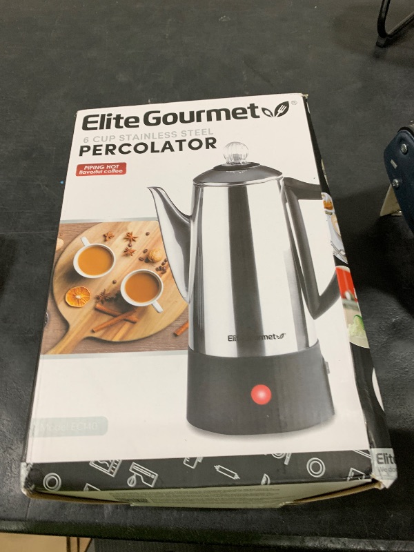 Photo 1 of Elite Gourmet 6-Cup Electric Coffee Percolator – Stainless Steel, Fast Brewing, Keep Warm with Auto Shut-Off, Clear Brew Progress Knob, Cordless Serving Base, Reusable Filter, 1000W
