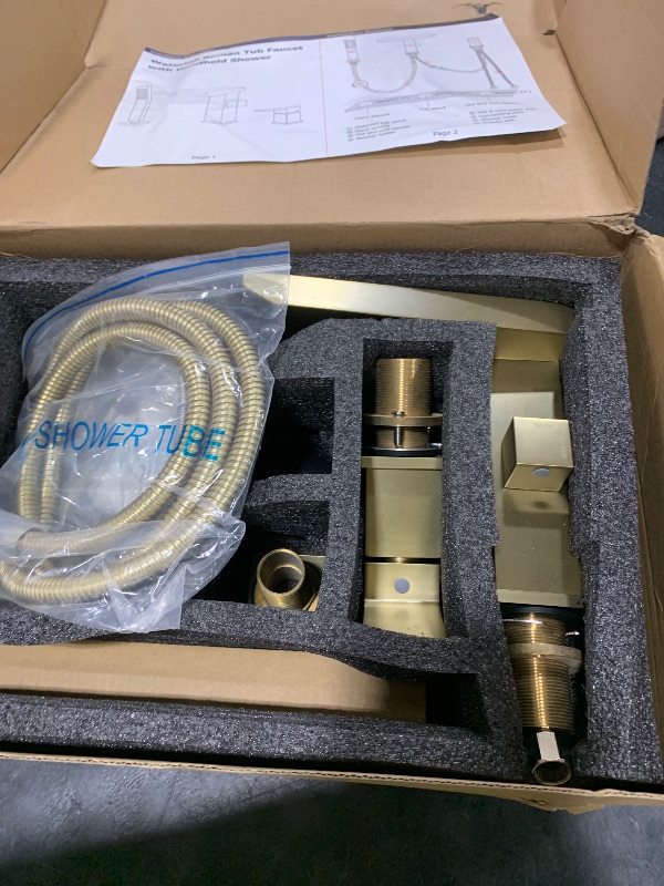 Photo 1 of FSCEPIXI Waterfall Roman Tub Faucet with Hand Shower, Deck Mount Tub Filler Bathtub Faucet with Sprayer, Brass Widespread 3 Hole Bathtub Shower Faucet Set, Brushed Gold