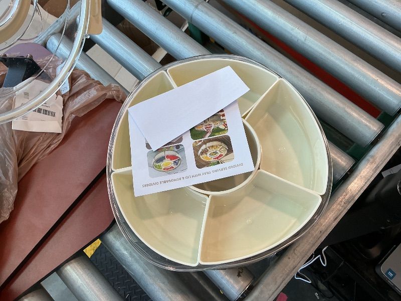 Photo 1 of [extremely warped] riyeloi Divided Serving Tray with Lid and Handle, Stackable Snackle Box Container for Fruits Candy Organizer, Portable Spinning Rounded Veggie Tray for Kitchen, Party, Trave and Picnic-1 PACK