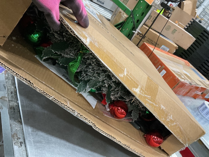 Photo 1 of [ 8 Modes & Timer ] 6Ft Prelit Full Pop Up Flocked Pencil Christmas Tree with 200 Warm White LED Lights, Balls, Red & Green Ribbon, Bows, Plug in Collapsible Xmas Tree Outdoor Indoor Christmas Decor
