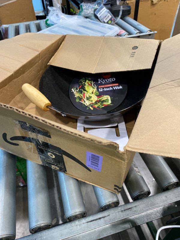 View 2 of [ITEM IS USED] GreenPan Carbon Steel Wok 12”, Flat Bottom, Durable Stir-Fry Pan, Pre-Seasoned Nonstick Patina, High Heat Retention, Induction, Ash Wood Handle, Kyoto, Black
